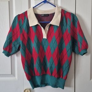 Shein Retro Style Polo Collared Top With Diamond Plaid Checkers Red And Teal